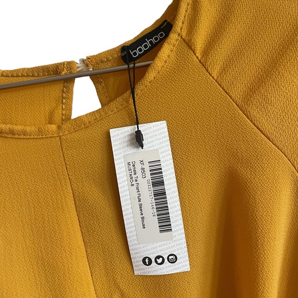 NWOT Boohoo Tie Front Flute Sleeve Blouse, Mustard Yellow, Size 8 - Picture 4 of 5